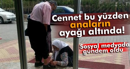 Engelli oglunun ayakkabisini baglayan yasli kadin sosyal medyada gündem oldu