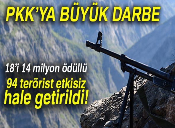 Tunceli’de 18’i 14 milyon ödüllü, 94 terörist etkisiz hale getirildi